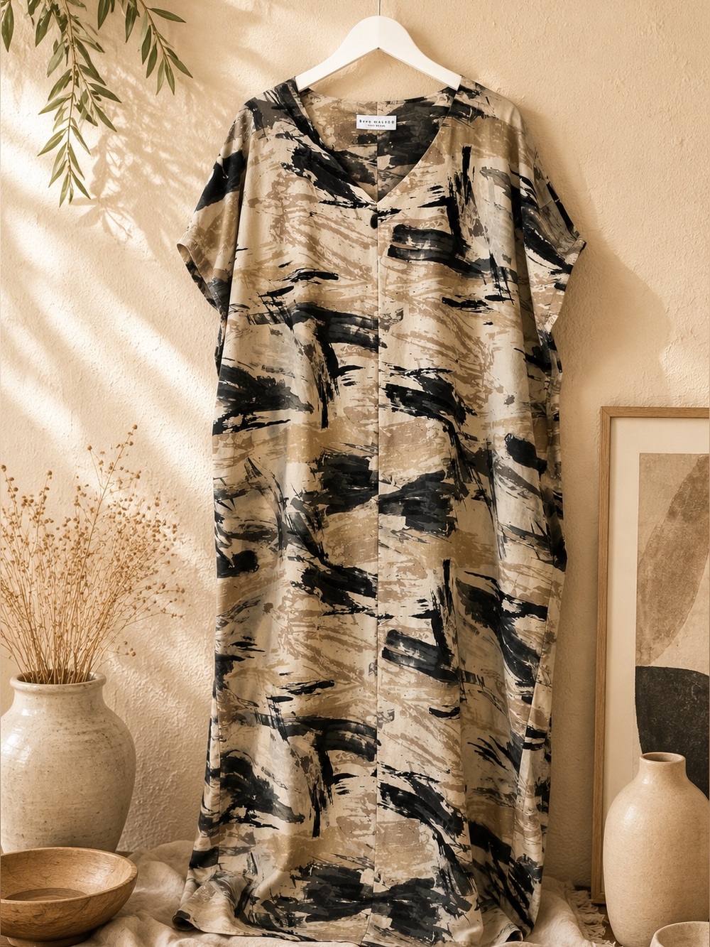 Bryn Walker Abstract Artsy Lagenlook Dress Kaftan Made in USA Oversized Cotton L